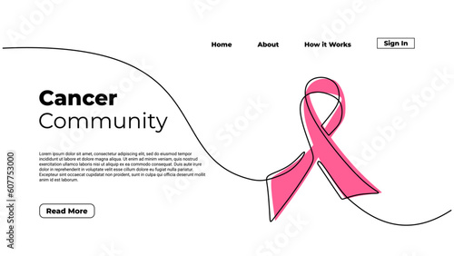 Landing page cancer minimalist vector. One continuous line drawing of pink ribbon. Cancer community text.