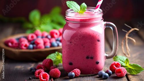 pink smoothie with wild cranberries in mason jar with mint and straw on rustic wooden background. Generative Ai