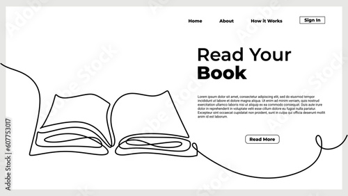 Continuous line drawing open book with flying pages. illustration education supplies back to school theme for landing page website. Book one line drawing banner.