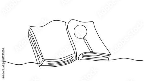 Continuous one line drawing of book and magnifying glass, Vector of searching and education learning, positioned above an open book. The concept idea of zooming in and discovering new things.