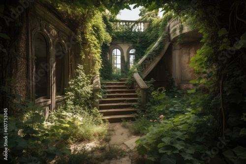 overgrown and forgotten garden in abandoned villa  created with generative ai