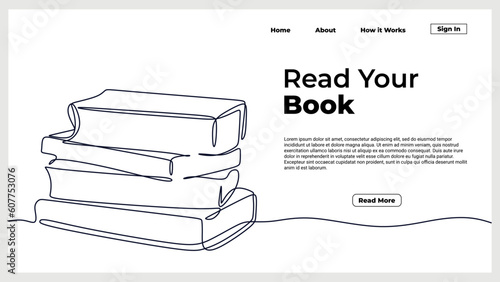 Stack of books continuous line drawing. Landing page template of education and literature library theme. Read your book text. Vector illustration minimalist.