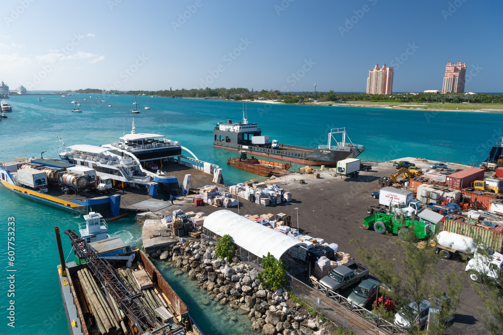 Nassau, Bahamas - March 09, 2016: cargo ship transport and containers at logistics shipping