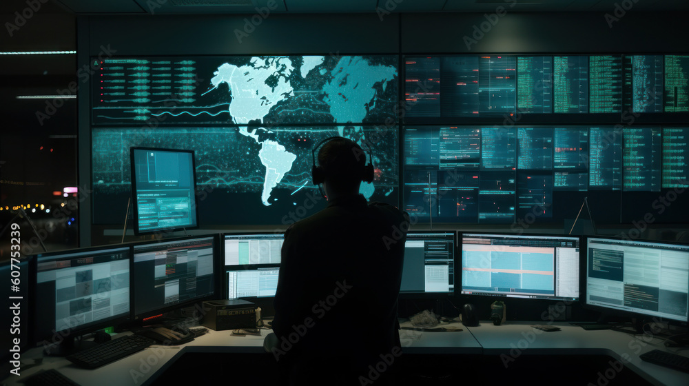 Military Surveillance Officer working on a city tracking operation in a Central Office Hub for Cyber Control and Monitoring Military Surveillance Officer working on a city tracking operation in a Central Office Hub for Cyber Control and Monitoring