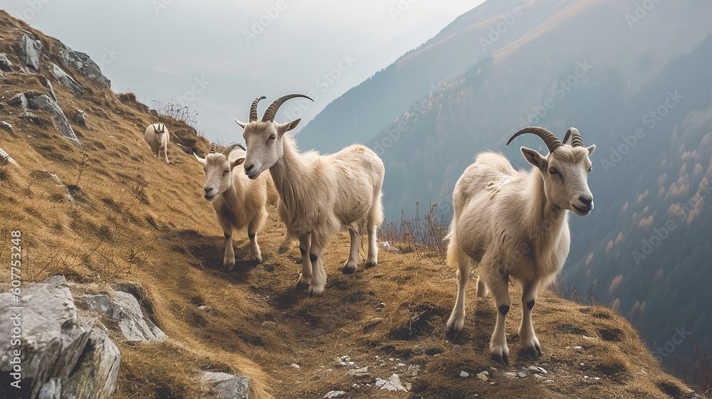 Mountain goats in the Western Caucasus. Generative Ai