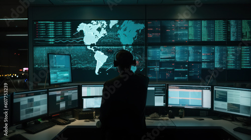 Military Surveillance Officer working on a city tracking operation in a Central Office Hub for Cyber Control and Monitoring