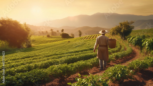 Fotografie, Obraz Farmer working on coffee field at sunset outdoor. Generative Ai