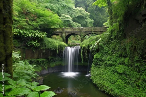 scenic landscape with waterfall, surrounded by lush greenery, created with generative ai