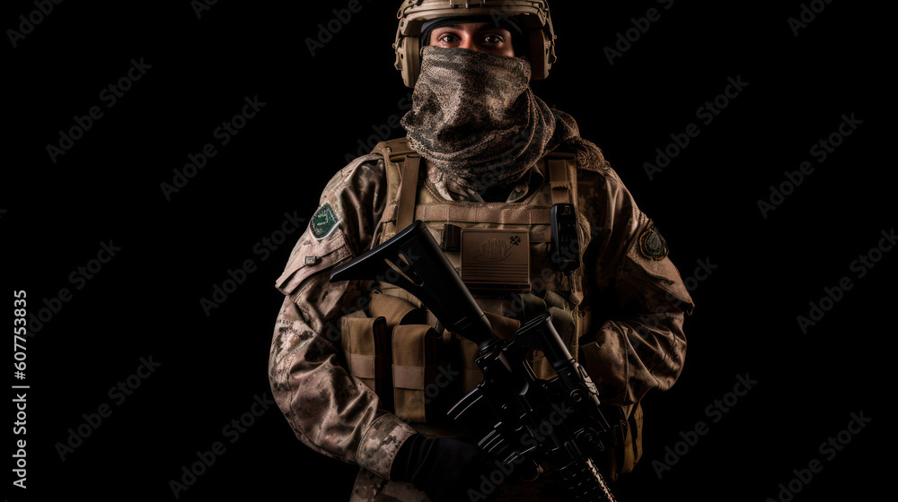 Army soldier in Combat Uniforms with assault rifle, plate carrier and combat helmet, with a Shemagh Kufiya scarf on his neck against a dark background Army soldier in Combat Uniforms with assault rifle, plate carrier and combat helmet, with a Shemagh Kufiya scarf on his neck against a dark background