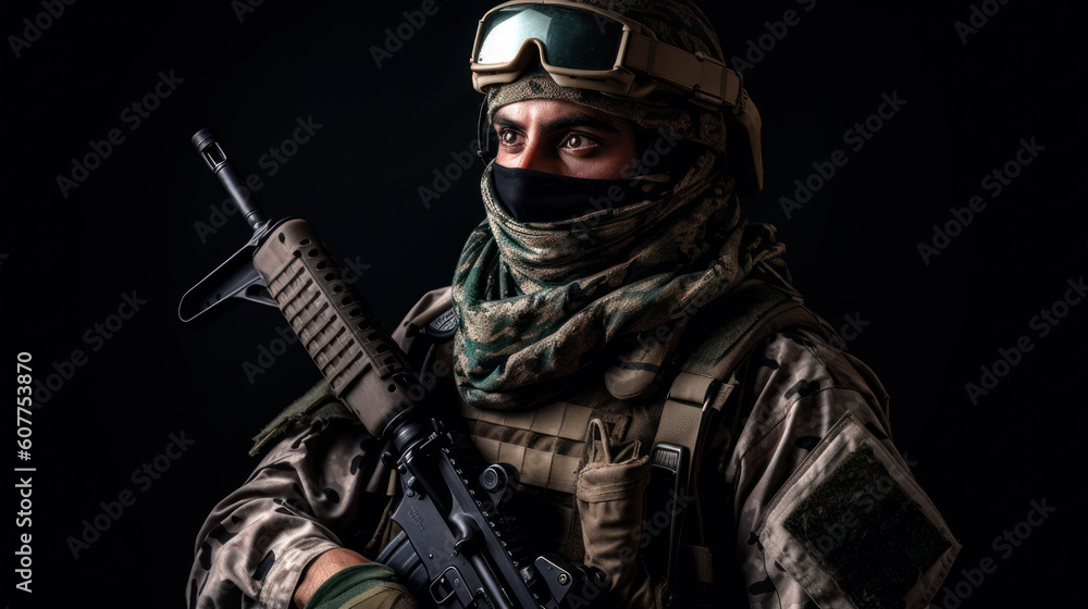 Army soldier in Combat Uniforms with assault rifle, plate carrier and combat helmet, with a Shemagh Kufiya scarf on his neck against a dark background Army soldier in Combat Uniforms with assault rifle, plate carrier and combat helmet, with a Shemagh Kufiya scarf on his neck against a dark background