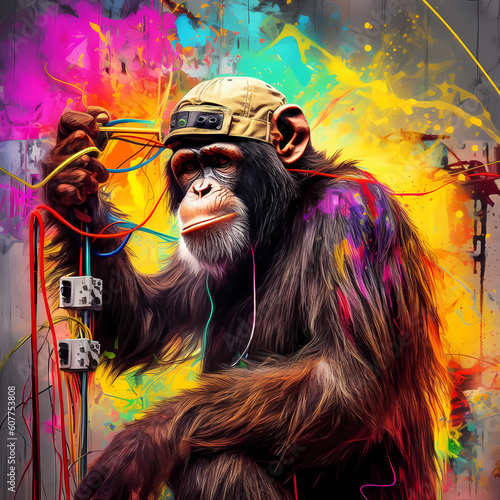 Colourful abstract digital art image portraying a chimp dressed and acting like an electrician. Generated AI