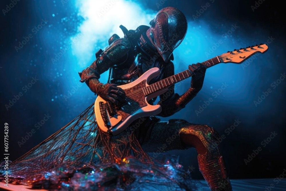 alien musician solos on futuristic guitar, with explosions and special ...