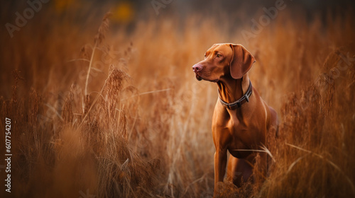 Hungarian hound pointer Vizsla dog in the field during autumn time, its russet-gold coat blending seamlessly with the fall leaves around it