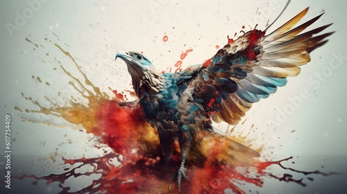 an image of an eagle flying in space, in the style of drippy paint splatters, vray tracing, realistic animal portraits, colorful explosions, red and aquamarine photo