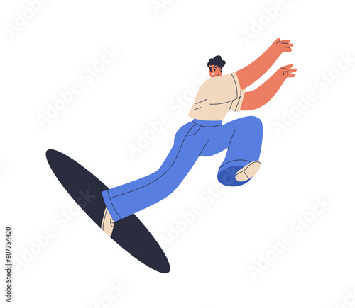 Happy excited man flying, jumping out of hole. Young inspired person with creative energy exploring. Inspiration, creativity concept. Flat graphic vector illustration isolated on white background
