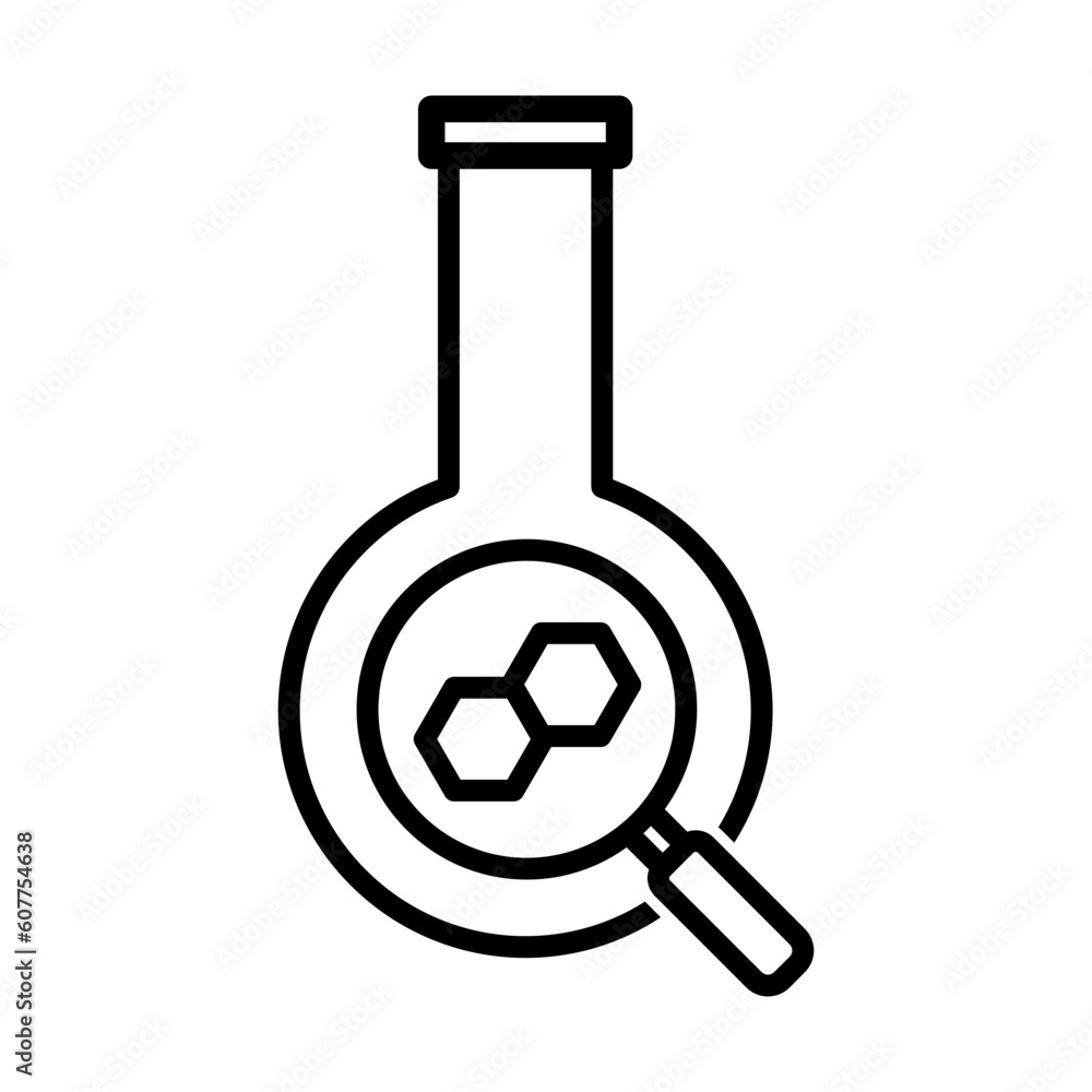 laboratory flask with magnifying glass, chemical structure searching icon vector laboratory flask with magnifying glass, chemical structure searching icon vector