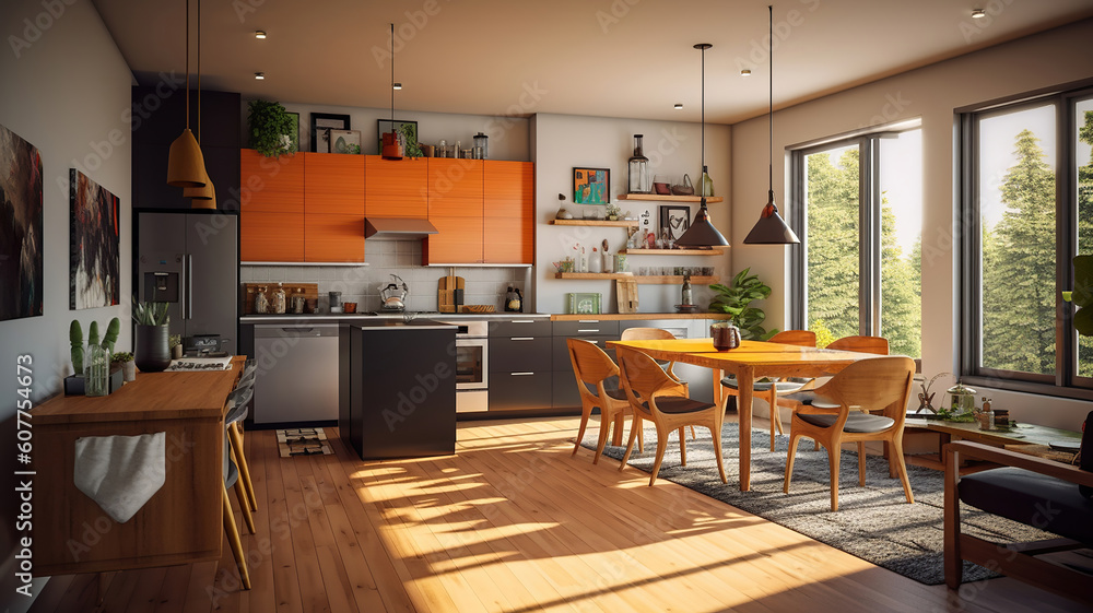 Modern interior Apartment Living and Kitchen design with wooden furniture. Generative Ai