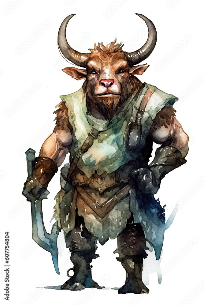minotaur warrior watercolor clipart cute isolated on white background