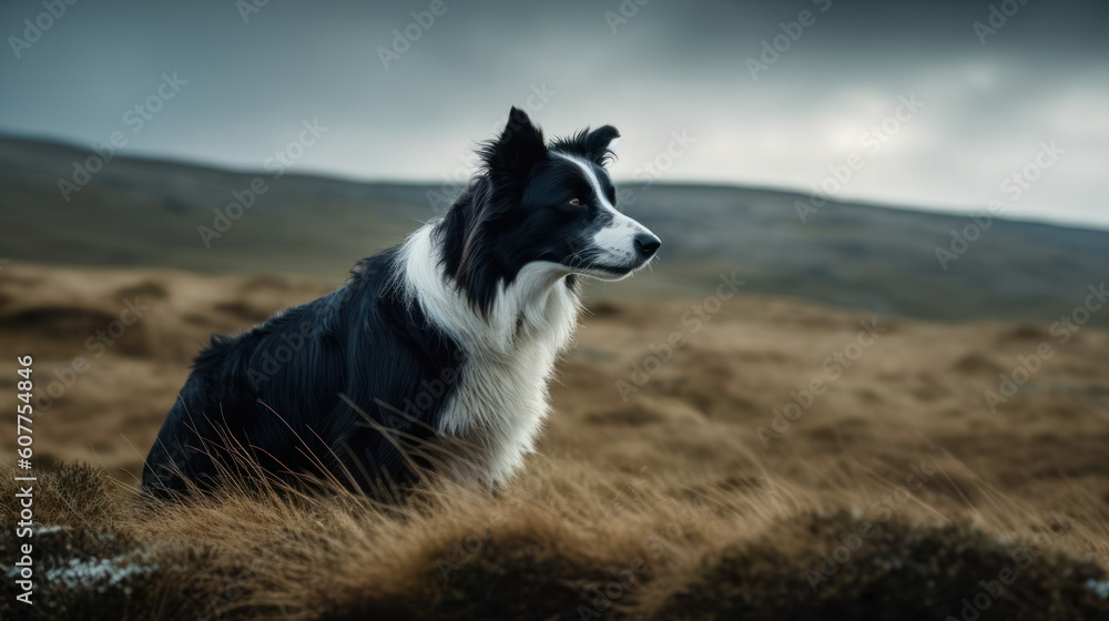 Border Collie standing against a sweeping landscape, its majestic stance exuding a captivating aura of alertness and athleticism Border Collie standing against a sweeping landscape, its majestic stance exuding a captivating aura of alertness and athleticism