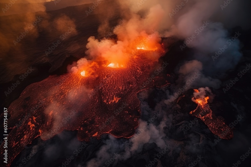 volcanic eruption, with aerial and drone perspectives of the fiery lava flows, created with generative ai