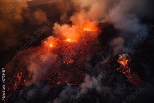 volcanic eruption, with aerial and drone perspectives of the fiery lava flows, created with generative ai