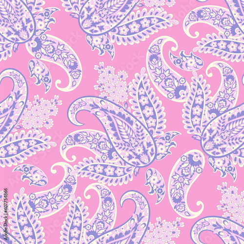 Paisley seamless vector pattern with flowers in indian style.