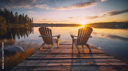 Two wooden chairs on a wood pier overlooking a lake at sunset in Finland. Generative Ai