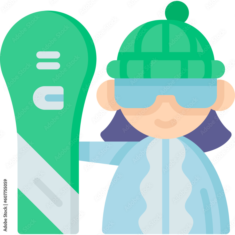 Girl in Green ski suit holds a snowboard and show super excellent gesture with glasses