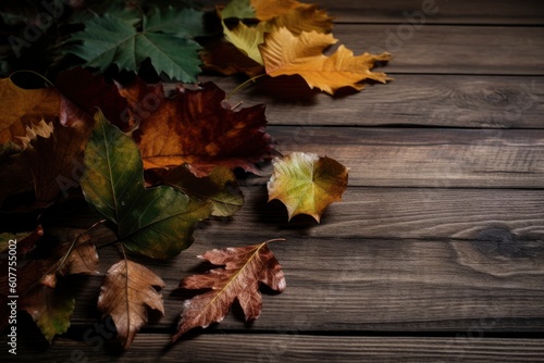 autumn leaves on a wooden wood background. Generative ai