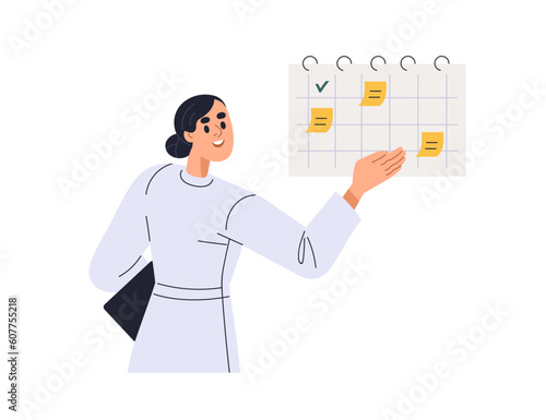Doctor planning, organizing appointments. Woman nurse setting medical checkups, tests in calendar, schedule, daily planner, timetable. Flat graphic vector illustration isolated on white background