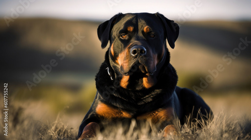 Rottweiler, its muscular form brilliantly contrasted against an open field. Its eyes, reflecting the warm sun, express an innate intelligence and loyalty, traits that make this breed a beloved compani