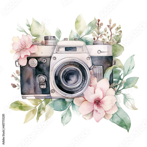 vintage photo camera with flowers generative ai technology