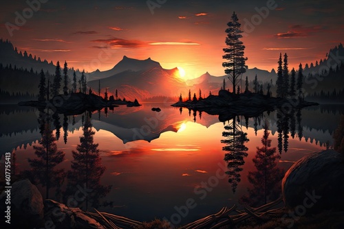 sunset over lake, with view of the surrounding forest and mountains, created with generative ai
