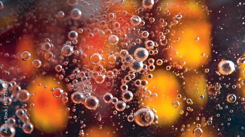 Fizzling bubbles liquid on a glass bottle and glass pattern