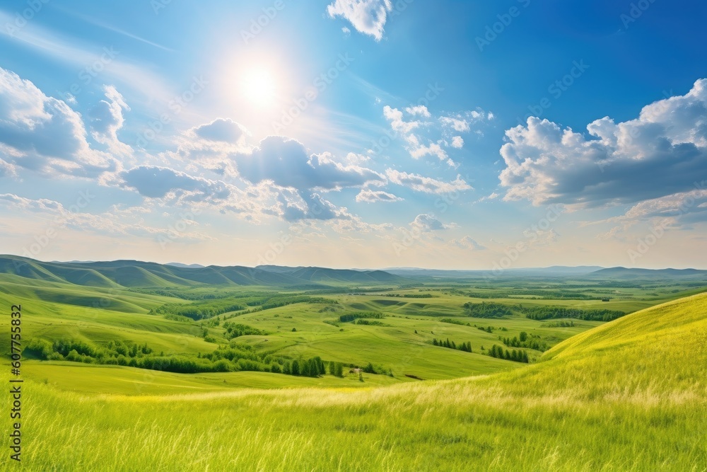 Obraz premium scenic landscape with view of rolling hills and a sunny sky, created with generative ai