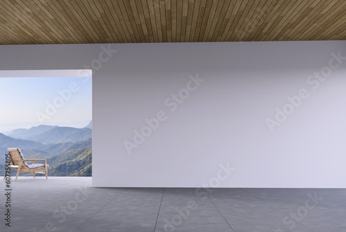 Modern contemporary loft style empty room with nature view 3d render The Rooms have concrete tile floors ,wooden plank ceiling overlooking woonden chair with mountain scenery.