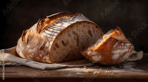 Freshly Baked Loaf on the Table Sourdough Golden Crust Delight The aroma of warm, freshly baked bread fills the air, enticing you to savor every moment 
