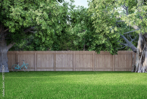 Green lawns with big trees look shady. There is a vintage bicycle parked under a tree. wooden fence behind Surrounded by nature background, 3d render illustration