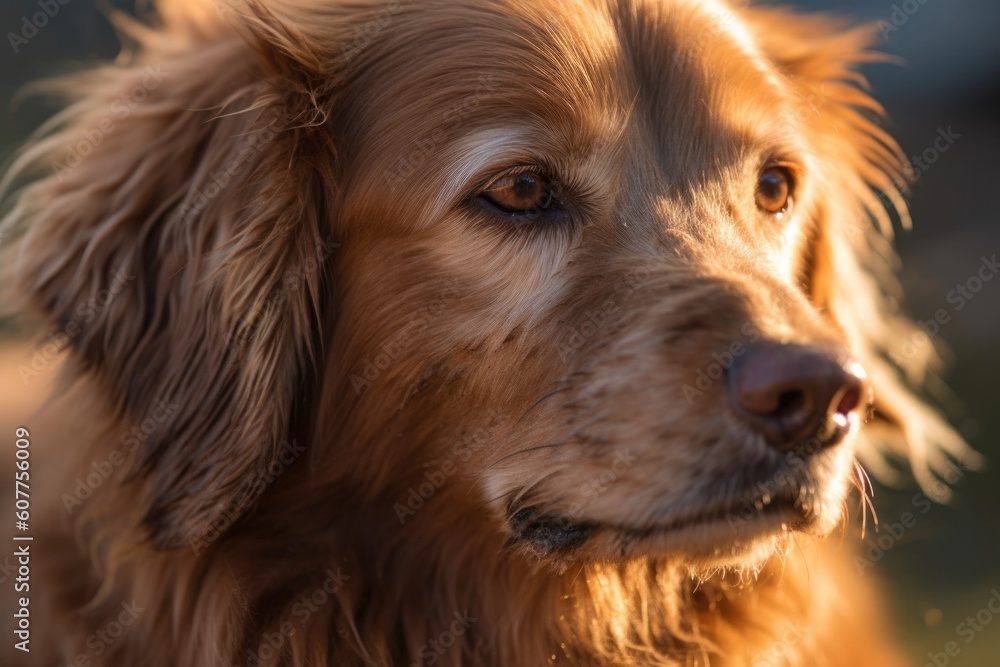 close-up of dog's face, with the sun shining down and reflecting off its fur, created with generative ai