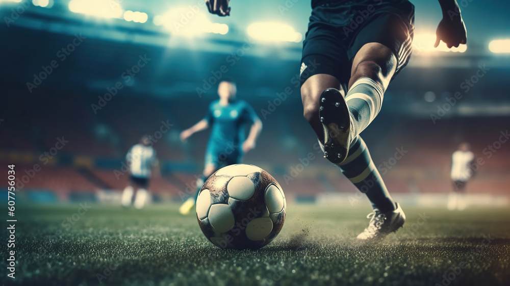 soccer player kicking soccer ball on field in stadium. Generative Ai