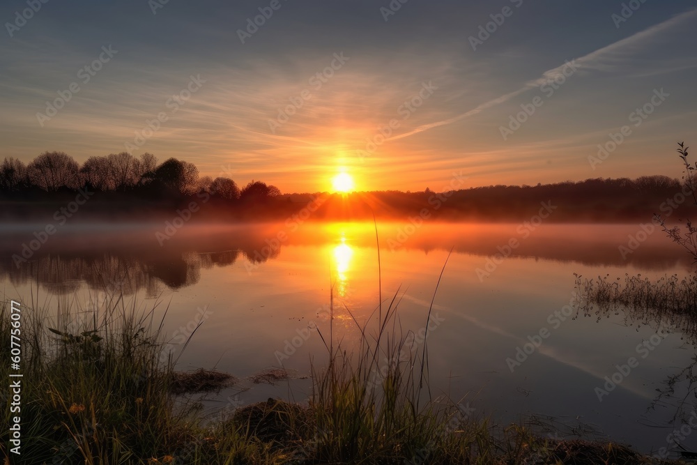 sunrise, with the sun rising over a serene landscape, illuminating the sky, created with generative ai sunrise, with the sun rising over a serene landscape, illuminating the sky, created with generative ai