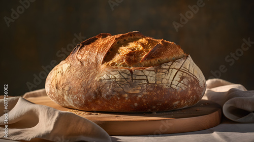 Freshly Baked Loaf on the Table Sourdough Golden Crust Delight The aroma of warm, freshly baked bread fills the air, enticing you to savor every moment 