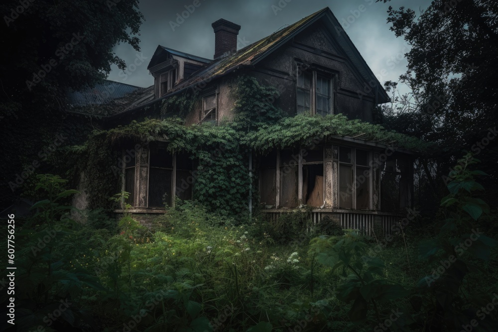 abandoned and decrepit house, overgrown with foliage, on a dark and stormy night, created with generative ai abandoned and decrepit house, overgrown with foliage, on a dark and stormy night, created with generative ai