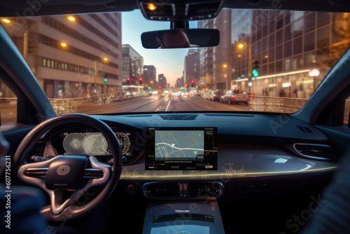 connected car with dashboard view of busy city street, filled with people and traffic, created with generative ai © Alfazet Chronicles