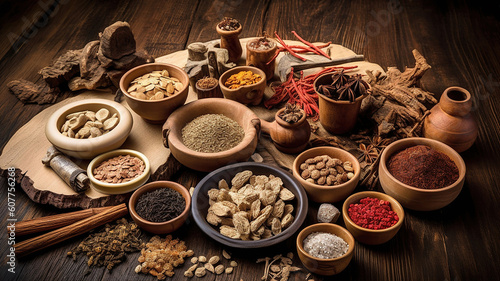Traditional chinese medicine with herb and spices in brown wooden background mortar and pestile , for medicine advertising. Generative Ai © vectorizer88