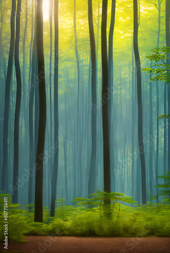 Fairytale forest sunny realistic neutral palette.