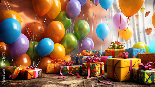 Birthday party decoration,balloon,streamers,hat and gift boxes. Generative Ai