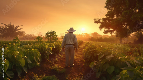 Farmer working on coffee field at sunset outdoor. Generative Ai