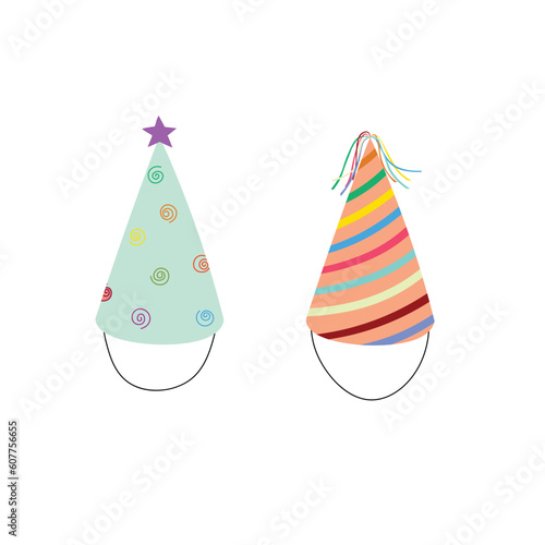 Colorful birthday hats vector in cartoon style. Birthday hats in doodle style. Hand drawing items for birthday party concept © ThuyDuong