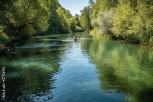 Wallpaper Mural canoeist paddling down clear and calm river, with tranquil setting, created with generative ai Torontodigital.ca